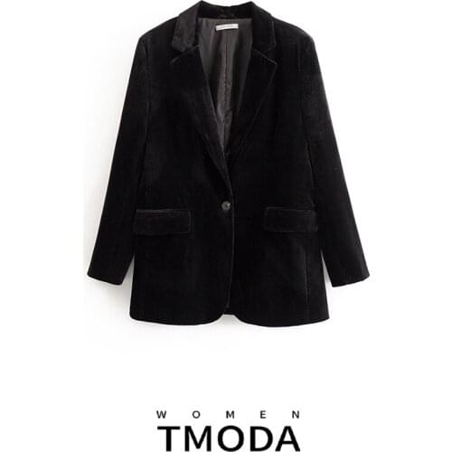TMODA658 2021 Stylish Office Wear Pockets Velvet Blazers Coat Women Pocket Single Botton Long Sleeve Blazer Outerwear Chic Top