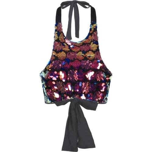 Rave Nightclub Costumes Womens Belly Dance Top Halter Neck Backless Shiny Sparkle Sequins Slim Fit Cropped Vest Tank Crop Tops