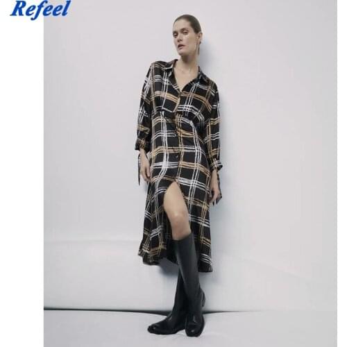 Dress Women Trendy Retro Apricot Plaid Ulzzang Romance Chic Preppy Girls Dresses Mid-Calf Simple Empire Lovely Femme Vestido New