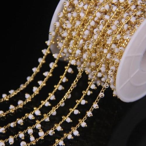 5Meter/lot,2mm White Cube Beads Gold Color Brass Wire Wrapped Rosary Chain,Tiny Glass Rondelle Women Sweater chains Jewelry