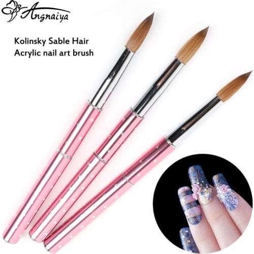 ANGNYA 1Pc Acrylic Nail Brush Kolinsky Sable Hair Brush UV GEL Nail Art Manicure Powder Pedicure With Crystal Diamond Metal Hand