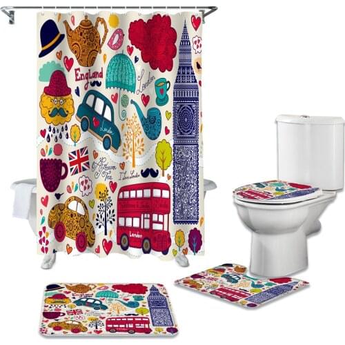 Art London Comic Cartoon Print Shower Curtain Bathtub Decor Rug Waterproof Bathroom Curtain Toilet Cover Mat Set