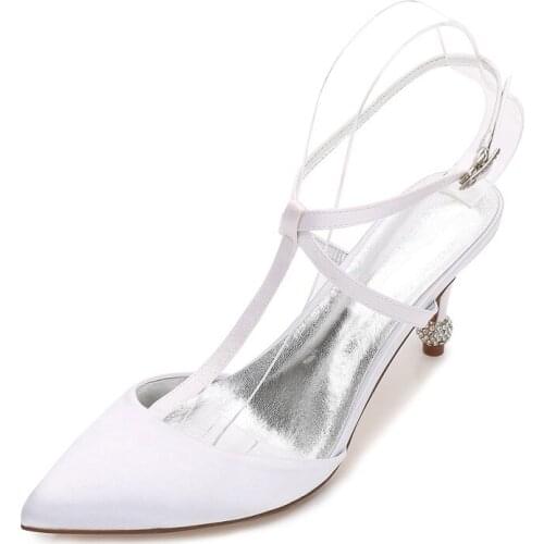 High Heels Satin Wedding Shoes for Bride Pointed Toe Ankle Buckle Strap Heeled Prom Evening Bridal Party Summer Sandals