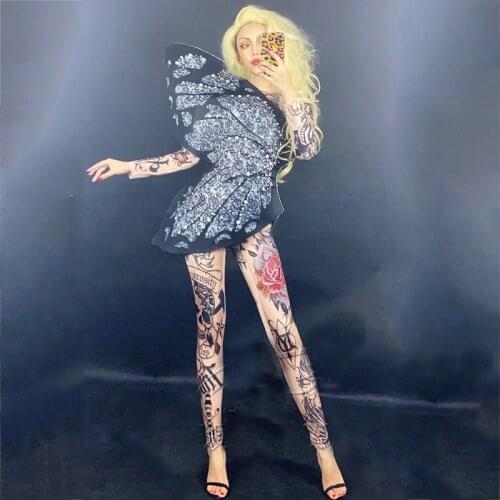 Black Butterfly Wings Bodysuit Women Print Jumpsuit Sexy Stage Show Wear Rave Outfit Festival Clothing Nightclub Bar Wear XS2523