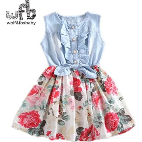 Retail 2-14 years dress O-neck Splicing floral Denim dress kids children spring summer autumn fall