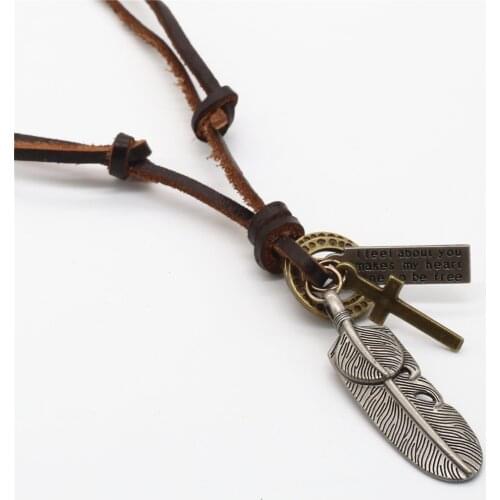 Long Brown Cowhide Genuine Leather Sweater Chain Alloy Hoops Cross Silver Feather Pendant Necklace Men Women Homme Male Jewelry