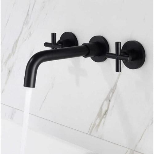 Double Latvian handle attached to bathroom wall faucets sink cold and hot water mixer of the hidden black basin