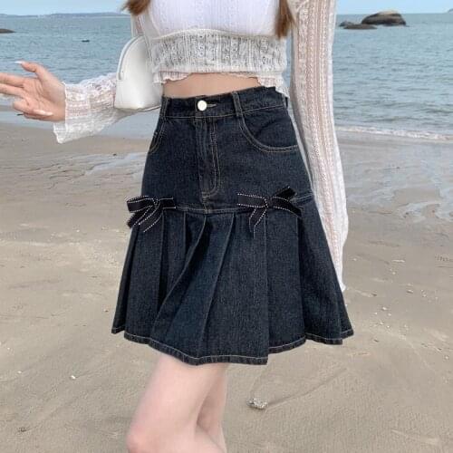 Bowknot denim skirt female summer new Korean casual high waist A-line skirt vintage Harajuku preppy style sweet pleated skirt