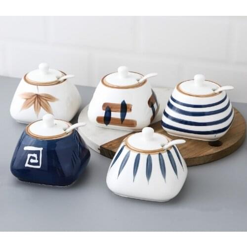 Ceramic 250ml Hand-Painted Seasoning Containers Maple Leaf Deep Well Kitchen Seasoning Pot Set Exquisite Cruet with Lid Spoon
