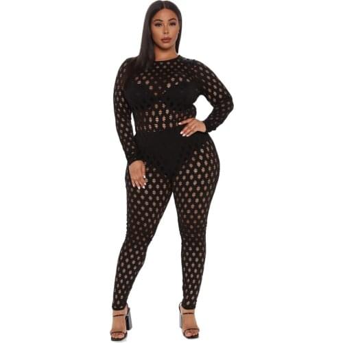 Zoctuo Womens Rompers And Jumpsuits Solid Long Sleeve Sexy One Piece Overall Hollow Out Casual Club Outfits For Girls Jumpsuit