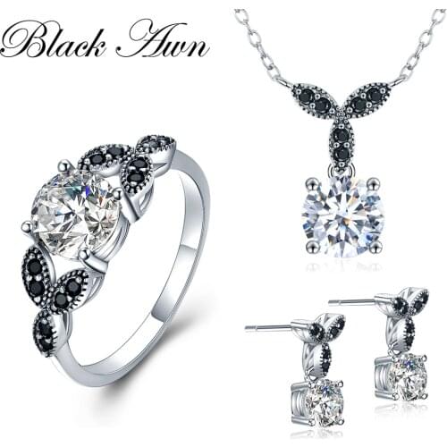 [SODROV] 925 Sterling Silver Fine Jewelry Sets Round Engagement Sets Necklace+Earring+Ring for Women PTR035