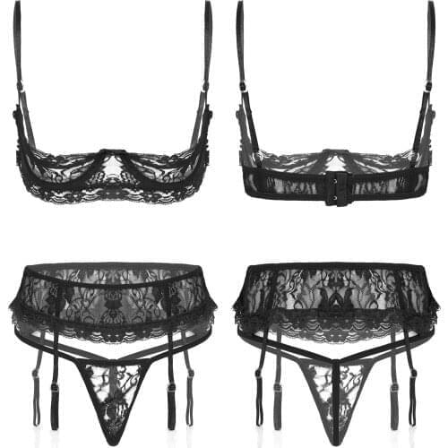 Womens Three-Piece Lingerie Suit Underwear See-Through Lace Underwired Open Cup Half Bra with G-String Garter Belts Exotic Sets