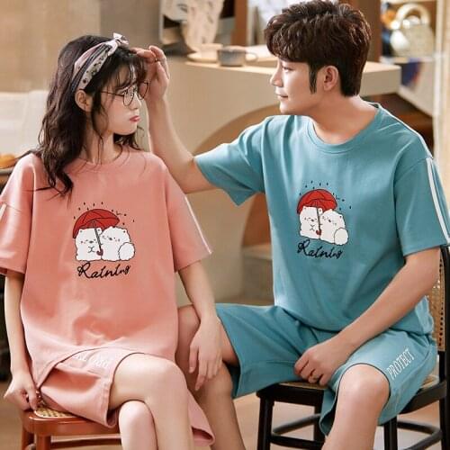 Summer Cool Outdoor Cartoon Couple Pajamas Set Casual Cotton Plus Size Men And Women Homewear Korean Kawaii Pink Women Sleepwear