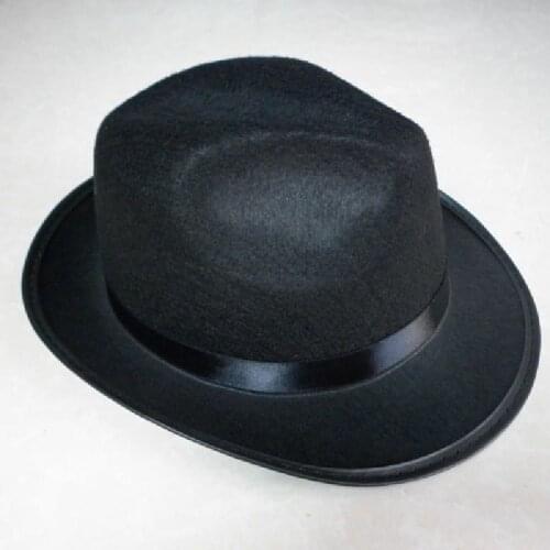 Vintage Jazz Hat Black Flat Brim Felt Jazz HatsBowler Hats for Women Men Prom Party Cap Solid Color