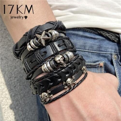 17KM Fashion Men Multilyer Skull Leather Bracelet Unisex Multiple Wristbands Skeleton Bracelets Set Bangles 2020 Party Jewelry