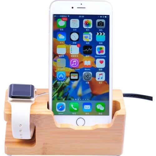 New 2 in 1 Bamboo Wood Desktop Stand for iPhone iPad Tablet Phone Stand Holder Charger Charging Dock Station for Apple Watch