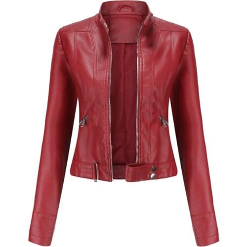 New Ladies Slim Faux Leather Jacket Stand-Up Collar Long Sleeve Overcoat Zipper Cardigan Short Coat Parka With Zipper Outerwear