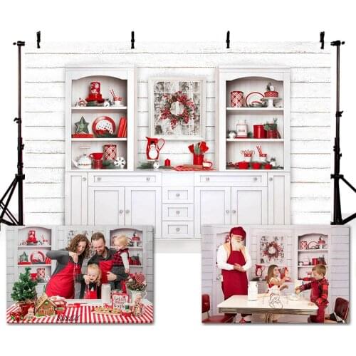Mehofond Christmas Kitchen Backdrop White Wood Wall Cupboard Baby Portrait Photography Background Decor Photocall Photo Studio
