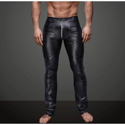 Sexy Men Faux Leather Open Crotch Erotic Latex Pants PVC Nightclub Men zipper Pole Dance Trousers Gothic Punk Fetish Club Wear