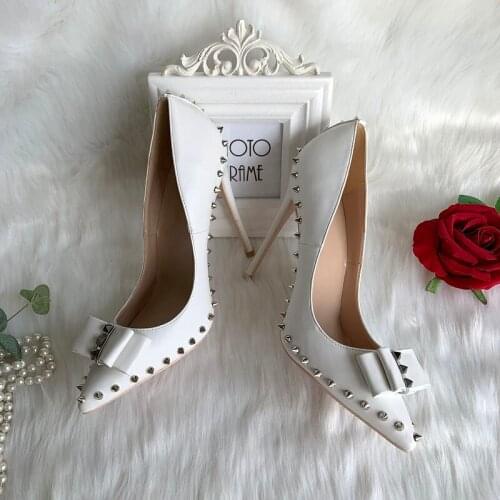 Free shipping sexy lady fashion women shoes white matt leather bow studded spikes pointy toe heels Designer pumps 12cm 10cm 8cm