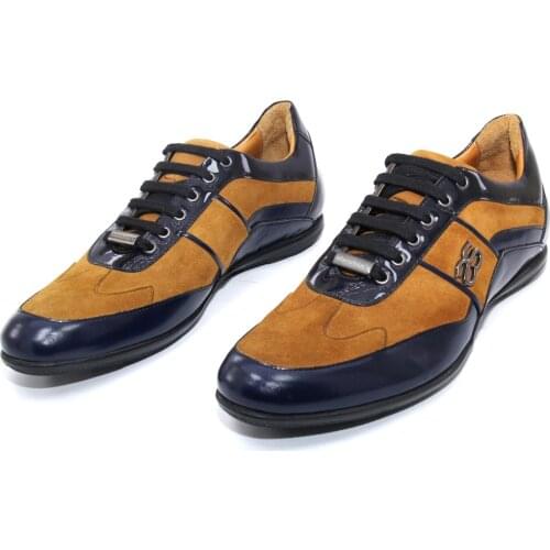 Handmade Vintage Style Athletic Training Flat Sport Shoes with Real Leather, Dark Blue Matte Rugan, Tobacco Suede, Flat Sole