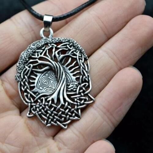 Vintage Tone Viking Amulet Tree of Life Runes Pendant Necklace Leather Rope Chain Necklace Jewelry
