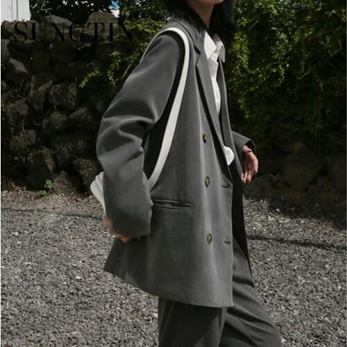 Sungtin Vintage Spring Blazer Coat Women Korean Chic Black Office Lady Jackets Loose Female Suits Casual Outerwear OL Work 2021
