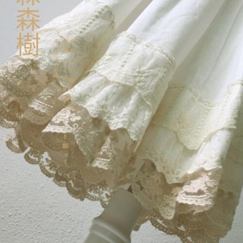 Japanese Style Mori Girl Multi Layer Lace Cotton Underskirt Women White Fairy Embroidery Pleated Princess Lolita Kawaii Skirt