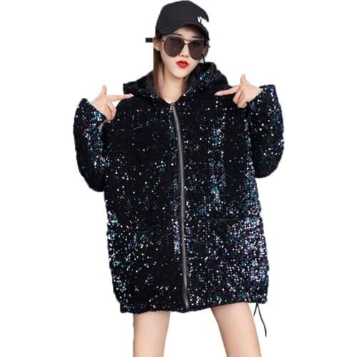 Winter Jacket Women Oversized European Street Clothing New Loose Hooded Sequins Thick Warm Cotton Coat Womens Parka Jackets 094