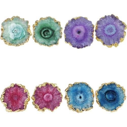 TUMBEELLUWA Natural Druzy Quartz Crystal Stone Gold Tone Stud Earrings Jewelry for Women Ladies