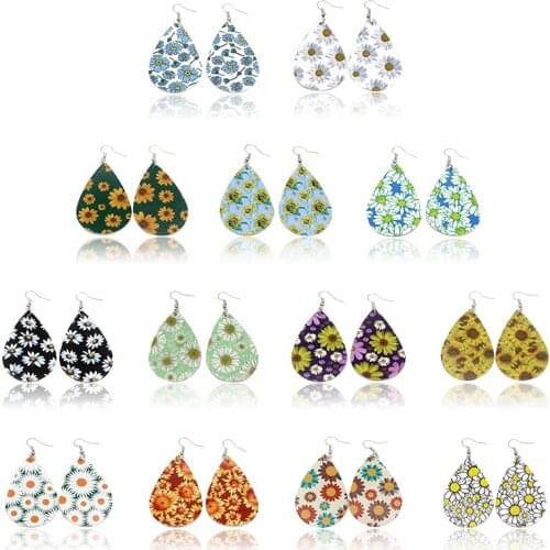 2pair Sunflower daisy Striped Leopard Print PU Leather Earring Teardrop Drop Dangle Earrings for Women LightWeight Beach Jewelry