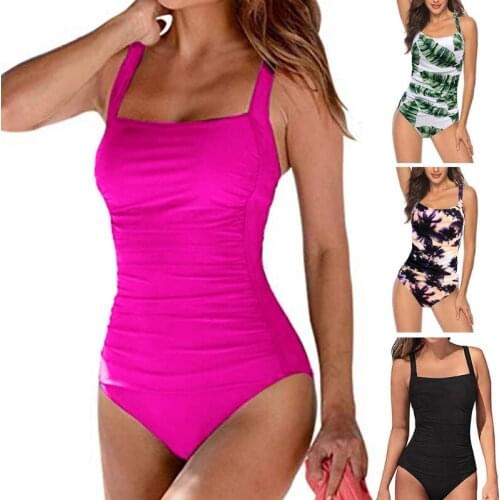 Women One-Piece Tummy Control Swimsuit Ruched Front Solid Color Vintage Swimwear X3UA