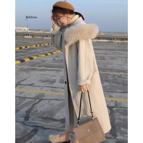 Women Wool blend Outwear Winter Woolen Coat Long Sleeve Hooded Fur Collar Blends Jacket Elegant Overcoats Large Size