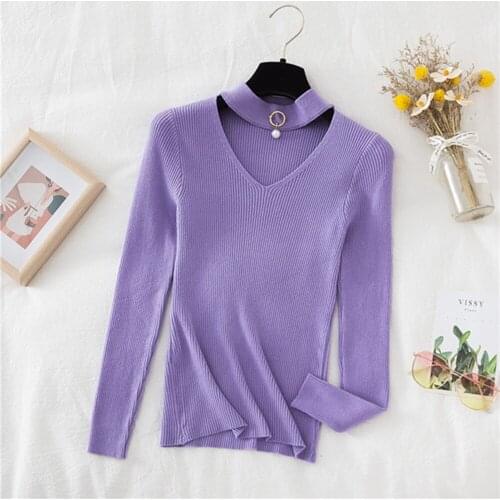 2021 Basic V-neck Beading Solid Autumn Winter Purple Sweater Pullover Women Knitted Sweaters Slim Stretch Badycon Jumper Mujer