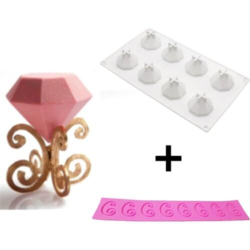 8 Hole 3D Diamond Mini Mousse Cake Mold Silicone Chocolate Cookie Mould Dessert Muffin Baking Tools Cake Decoration Set + Holder