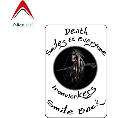 Aliauto Personality Car Sticker Funny Death Smiles At Everyone Ironworkers Skull PVC Waterproof Sunscreen Decal,13cm*9cm