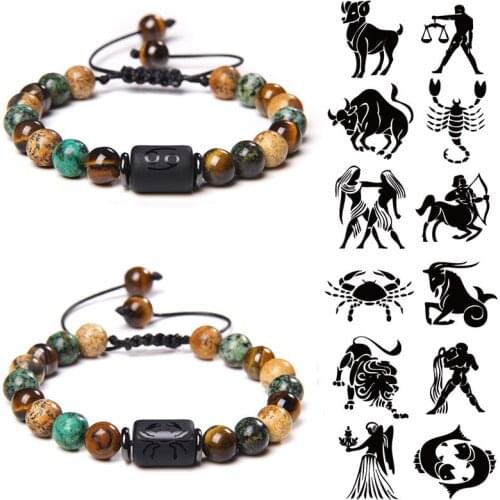 12 Zodiac Constellation Bracelets Mix Natural Stone African Turquoises Tiger Eye Picture Stones Woven Bracelet Jewelry Birthday