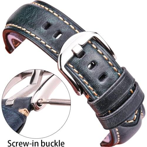 HENGRC Brand Genuine Leather Watchband Bracelet 20mm 22mm 24mm 26mm Blue Green Red Brown Watch Band Strap Silver Screw In Buckle