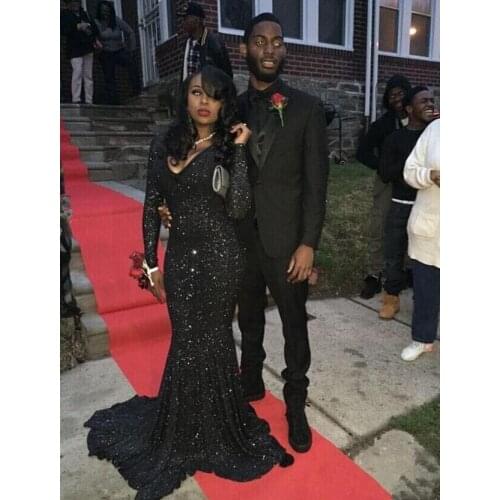 Black Evening Dresses Mermaid V-neck Long Sleeves Sequins South African Dubai Saudi Arabia Long Prom Dress Gown Robe De Soiree