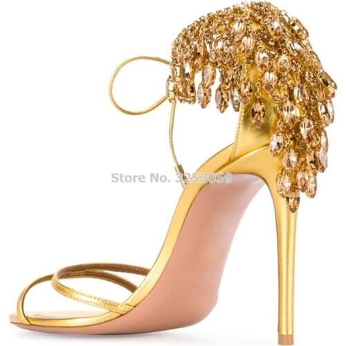 Top Brand Real Photo Glittering Gold Crystal Wedding Shoes Stiletto Heels Fringe Rhinestone Sandals Lace-up Bling Bling Pumps