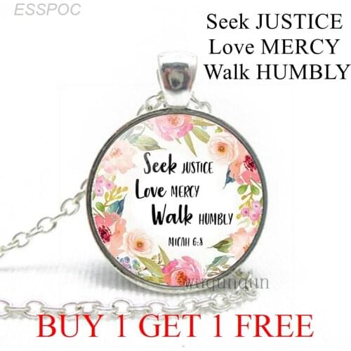 Seek Justice Love Mercy Walk Humbly Bible Verse Inspirational Quote Fashion Necklace Glass Jewelry Christian Pendant Women Gifts