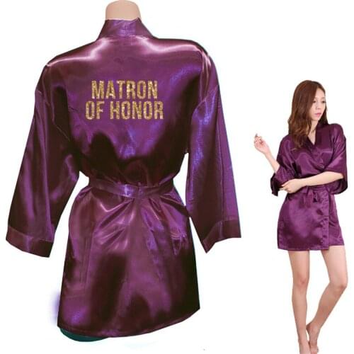 MATRON OF HONOR Golden Glitter Print Kimono Robes Faux Silk Women Bachelorette Wedding Preparewear Free Shipping