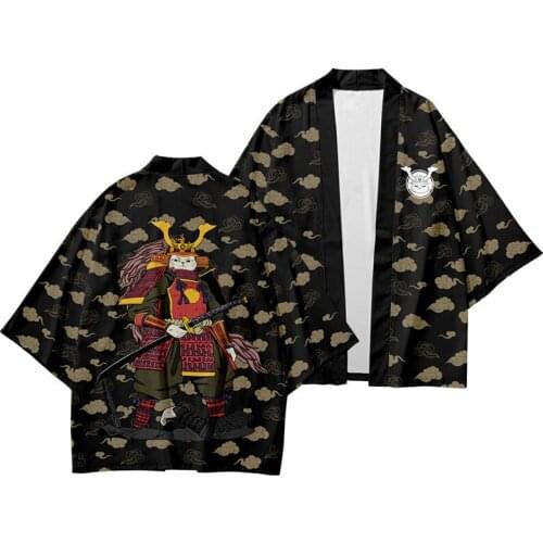 Summer Cat Warrior Printed Japanese Style Samurai Kimono Pants Suit Streetwear Men Women Cardigan Japan Harajuku Clothes
