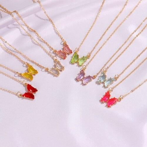 Kpop charm colorful butterfly necklace 6 colors shiny crystal butterfly pendant necklace for womens fashion butterfly necklace