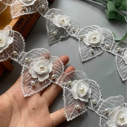 10X White 7*8cm 3D Heart Pearl Flower Lace Trim Embroidered Lace Ribbon Handmade Wedding Dress Patchwork Sewing Supplies Craft