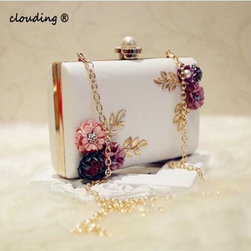 Fashion Women Leather Evening Bag Dinner Party Lady Wedding Flower Clutch Purse(white)