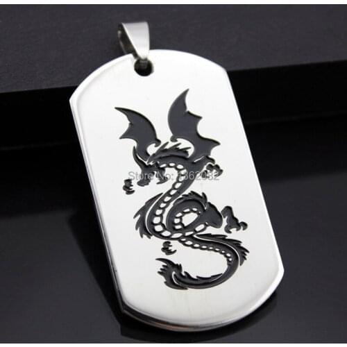 Fashion Men Womens Jewelry Silver Tone Stainless Steel Evil Dragon Pendant Dog Tag Ball Chain Necklace Gift MN512