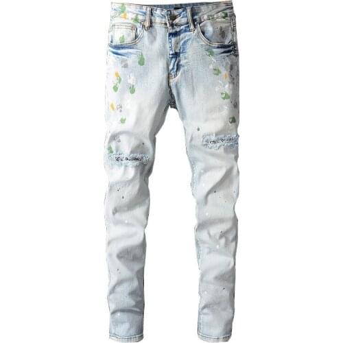 Mens Fashion Hi Street Ripped Painted Jeans Pants Slim Fit Distressed Denim Trousers Holes Washed Brand Designer Big Size 28-40
