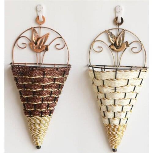 Novelty Weave Craft Wall Hanging Pocket Basket Flat Back Home Wedding Decor Wall-mounted Wrought Iron Rattan Interior Basket