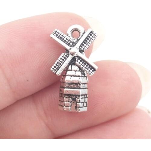 BULK 30 Zinc Alloy Metal 3D Holland Windmill Charms Antique Silver Plated Travel World Pendant 9*17mm 1.6g